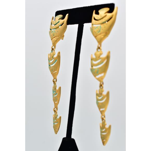 Givenchy Vintage Fish Clip On Earrings Brushed Gold Chunky Signed 1980s BinBF - Picture 3 of 12